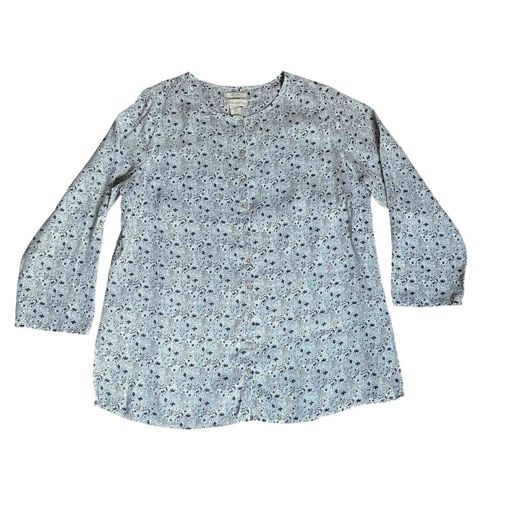 Women's Cynthia Rowley Tunic Button-Front Shirt Blue Floral Print Linen Size 1X